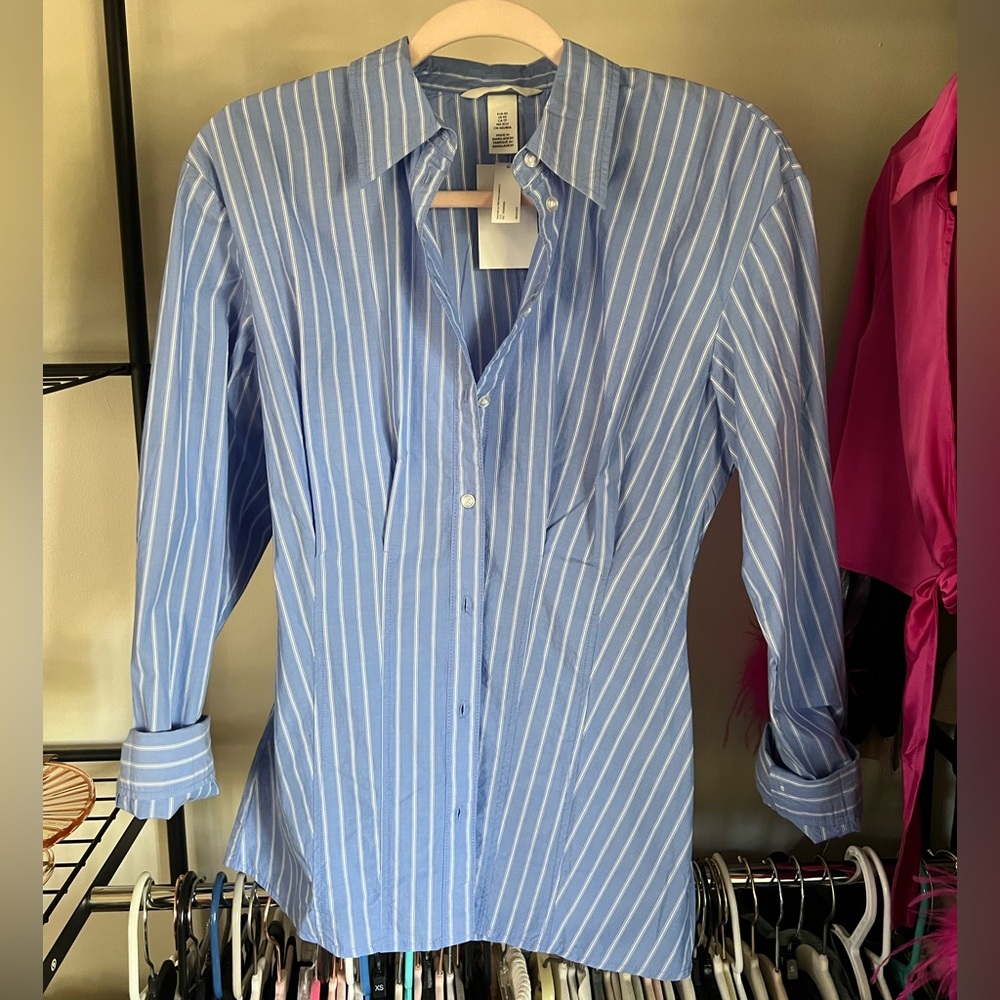 NWT H&M Cinched Waist Pinstriped Long Sleeve Button Down - S